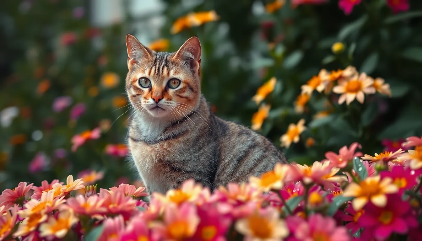 This lively photograph captures a playful tabby cat in mid-pounce, chasing a colorful butterfly amidst a sunlit meadow. The vibrant greens and delicate floral accents create a picturesque backdrop for this joyful moment. The sharp focus emphasizes the cat's playful expression and dynamic movement, while the soft background adds depth to the scene. Ideal for capturing the essence of feline playfulness in nature.