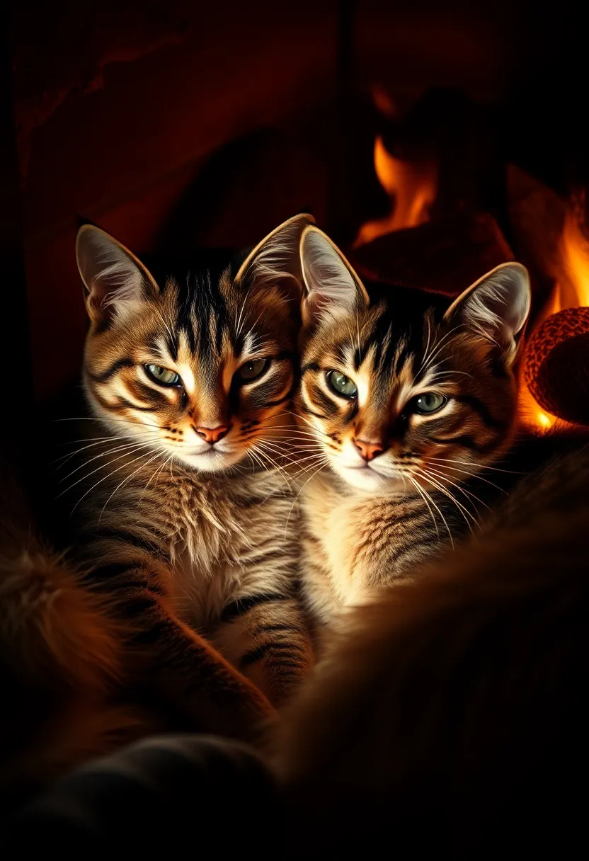 Two adorable cats are curled up together in a cozy corner near a crackling fireplace, creating a heartwarming scene of companionship. The flickering firelight casts warm, soft shadows, enhancing the textures of their fur and creating a snug atmosphere. This inviting composition captures the essence of warmth and comfort during a chilly evening, emphasizing the bond between the two furry friends. The muted color palette adds to the overall sense of tranquility.