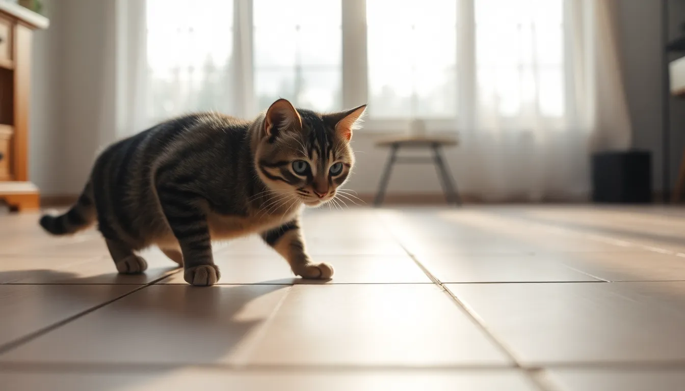 A playful cat is captured mid-chase, darting after captivating sunlight reflections cast on a polished tiled floor. The soft, diffused daylight from large windows bathes the scene in a calm hue, with muted tones creating a serene atmosphere. The image is sharply focused throughout, accentuating the cat’s graceful movements and the intricate details of its fur. This indoor scene showcases the joy and curiosity of a cat at play, inviting viewers into a moment of pure delight.