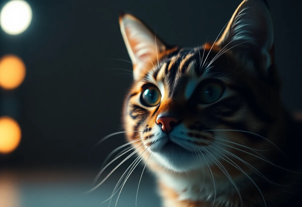 This dramatic close-up features a Siamese cat, beautifully illuminated by a studio butterfly lighting setup that highlights the contours of its face. The selective focus captures the cat's striking blue eyes and distinct color contrasts, set against a soft bokeh background. The cinematic teal and orange grading adds a theatrical touch, making the image captivating and striking.