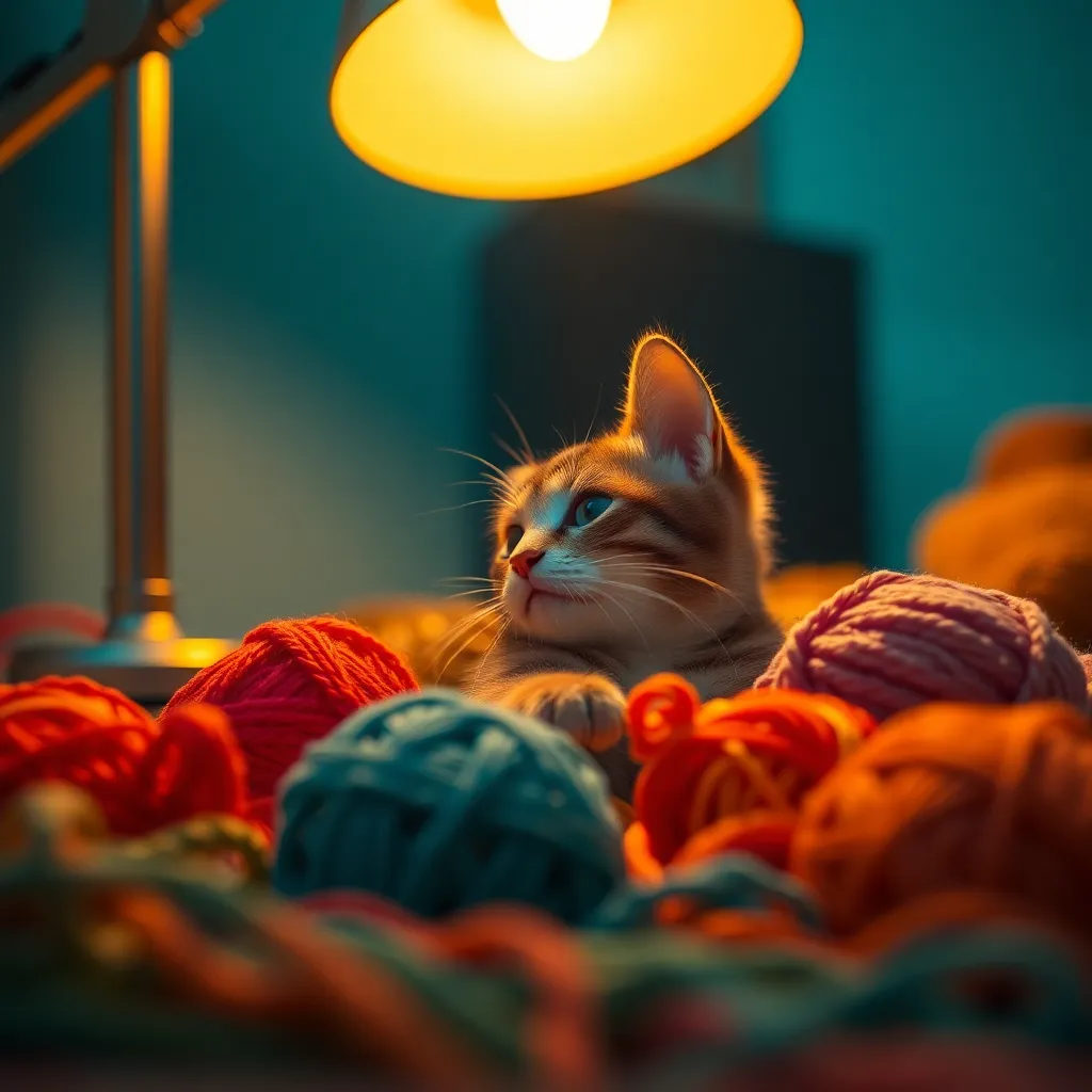 A playful cat is captured while bathed in the warm glow of a tungsten desk lamp, surrounded by vibrant yarn balls. The smooth bokeh enhances the cozy composition, drawing attention to the cat's playful behavior and the rich textures of the yarn. The cinematic color grading adds warmth and depth, making the scene inviting and delightful.