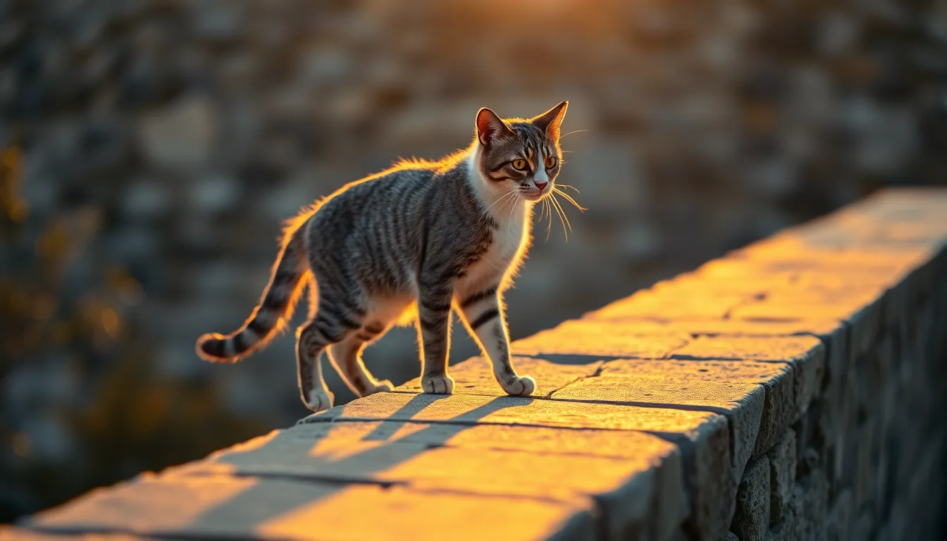 Elegant Cat at Golden Hour Captured at golden hour, this image showcases an elegant cat poised on a stone ledge, illuminated by warm, backlit sunlight. The Hasselblad's medium format allows for stunning details in the cat's fur and the rugged texture of the stone. Leading lines draw the viewer's attention toward the feline as it gracefully walks, and the creamy bokeh in the background enhances the ethereal quality of the moment. The harmonious blend of warm sunlight and cool stone creates a visually striking scene.