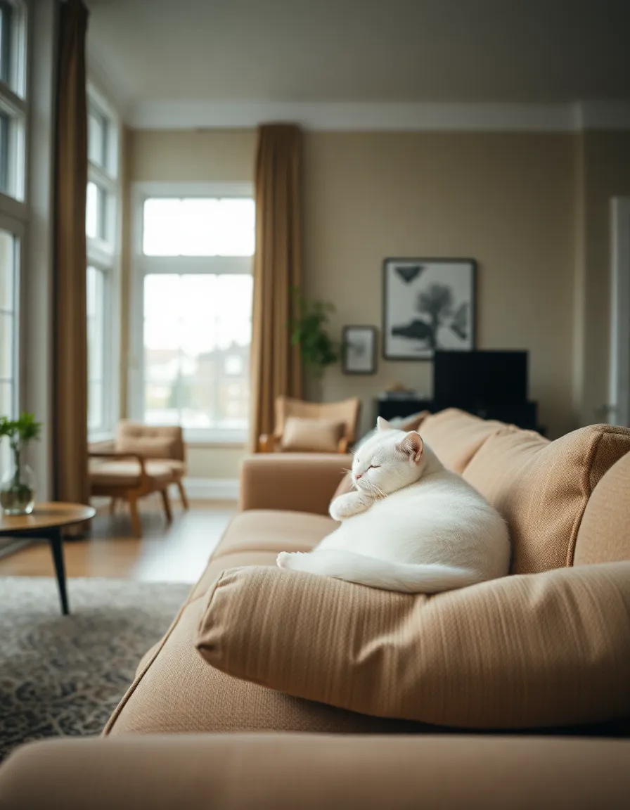 A serene white cat is peacefully lounging on a plush sofa, the scene illuminated by soft, diffused daylight from large windows. The muted color palette complements the tranquility of the setting, while leading lines from the furniture guide the viewer's eye to the cat. The detailed softness of the cat's fur and the texture of the upholstery create a cozy and inviting atmosphere.