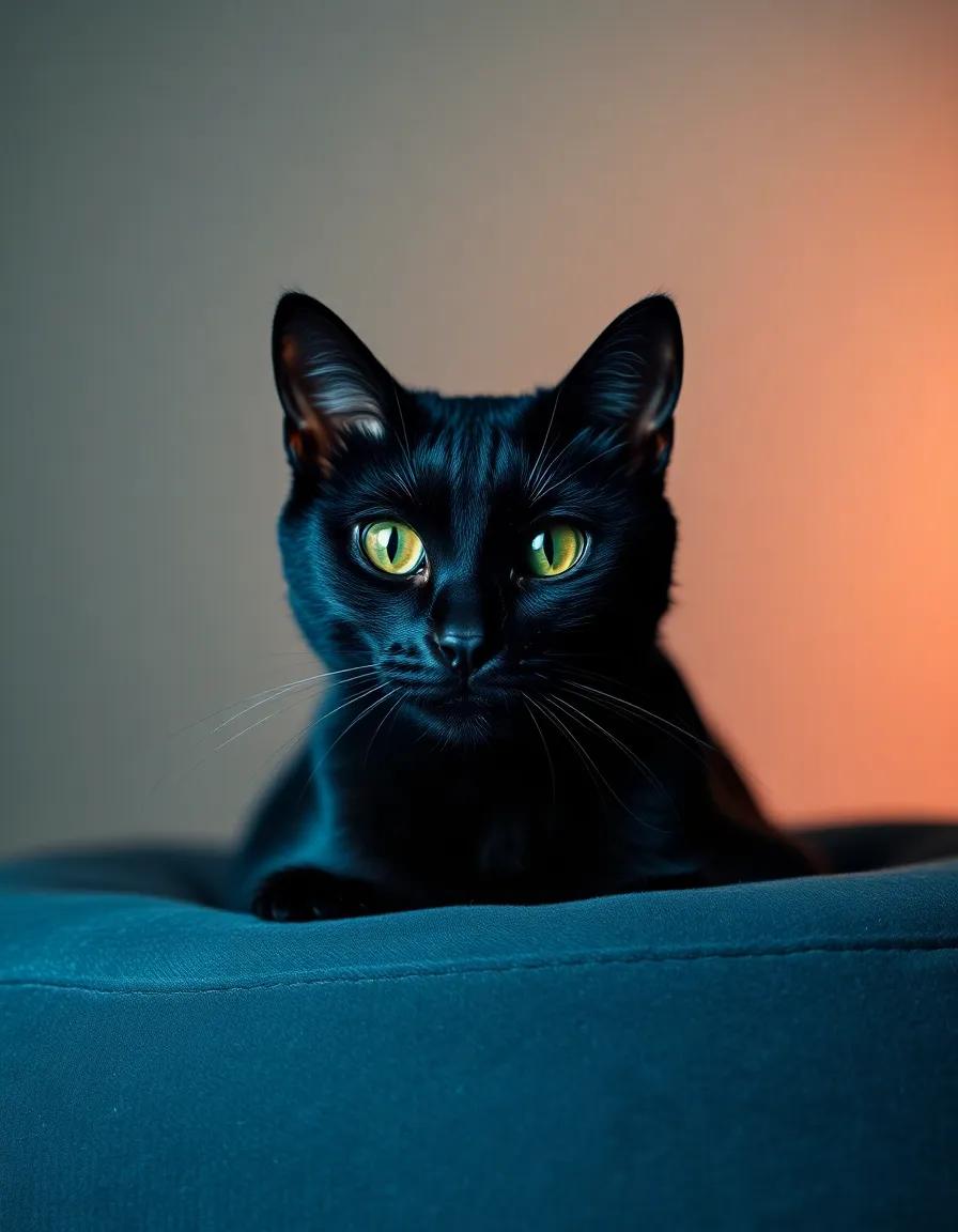 An elegant black cat strikes a regal pose on a plush velvet cushion in a studio setting. The carefully planned lighting enhances its shiny fur, creating beautiful highlights and soft shadows that emphasize its natural beauty. The cinematic teal and orange color grading adds a sophisticated mood to the image, while a shallow depth of field keeps the focus on the cat’s captivating eyes. This composition highlights the luxurious nature of both the feline and its environment.