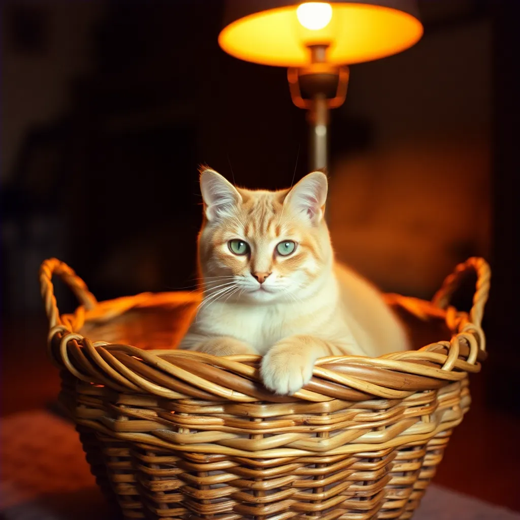 This intimate photograph showcases a cat peacefully resting in a woven basket, bathed in warm light. The rich colors and textures create a cozy, inviting atmosphere while the soft bokeh enhances the focus on the cat. The symmetrical composition draws attention to the gentle curves of the basket and the cat's relaxed posture, providing a sense of comfort.