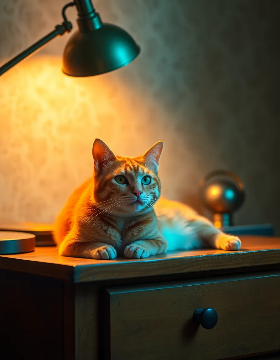 An orange tabby cat rests comfortably on a vintage wooden desk illuminated by a warm tungsten desk lamp. The soft light casts a cozy glow, enhancing the textures of the cat's fur and the rustic wood surface. With a rich cinematic color grading, the atmosphere feels inviting and warm, perfect for a home office or study environment. The composition is centered, drawing attention to the cat's relaxed posture and content expression.