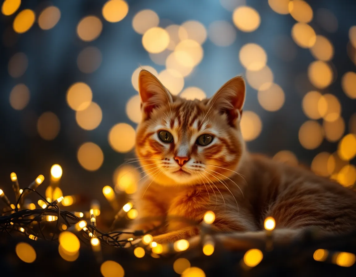 An orange tabby cat sits cozily among twinkling fairy lights, highlighted by the warm glow of tungsten lighting at dusk. The soft bokeh effect adds a magical quality to the scene, while the natural muted tones create a tranquil atmosphere. The centered composition emphasizes the cat's relaxed expression, inviting the viewer into this enchanting moment.