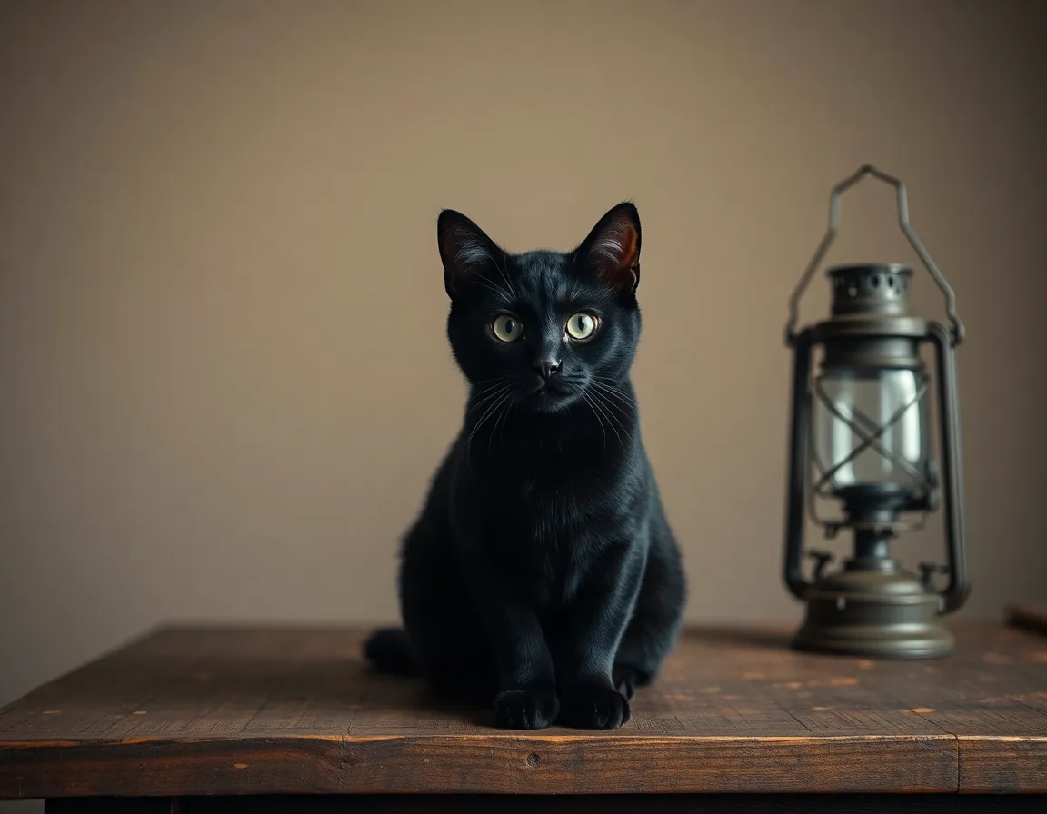 A striking black cat is elegantly posed on a rustic wooden table, captured in a studio setting with soft, flattering lighting. The muted earth tones of the surroundings enhance the cat's sleek coat and bright reflective eyes. This symmetrical composition brings focus to the cat's regal pose, evoking a sense of mystery and charm, perfect for feline enthusiasts.