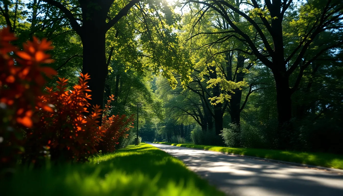 A curious cat rests camouflaged among vibrant green foliage, illuminated by dappled sunlight. The scene is alive with rich colors and a harmonious blend of textures and details. The leading lines of the natural path draw the viewer's attention, creating a sense of adventure in this serene setting.