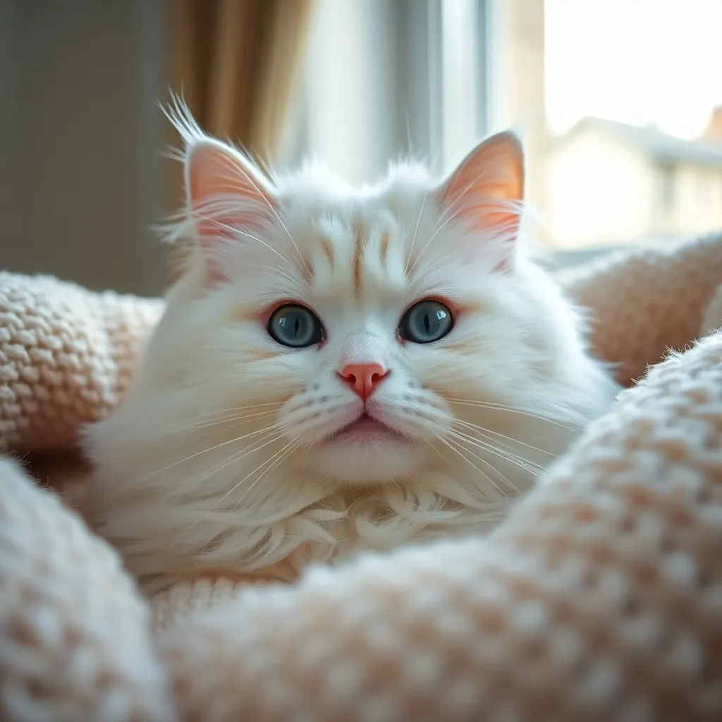 This intimate close-up photograph showcases the adorable face of a white Persian cat nestled in a soft, cozy blanket. The gentle natural light highlights the fluffy texture of its fur, creating a warm and inviting atmosphere. The cat's bright, expressive eyes draw the viewer in, capturing its gentle spirit. A perfect image for pet lovers and feline enthusiasts, emphasizing the beauty of domestic cats in a serene setting.