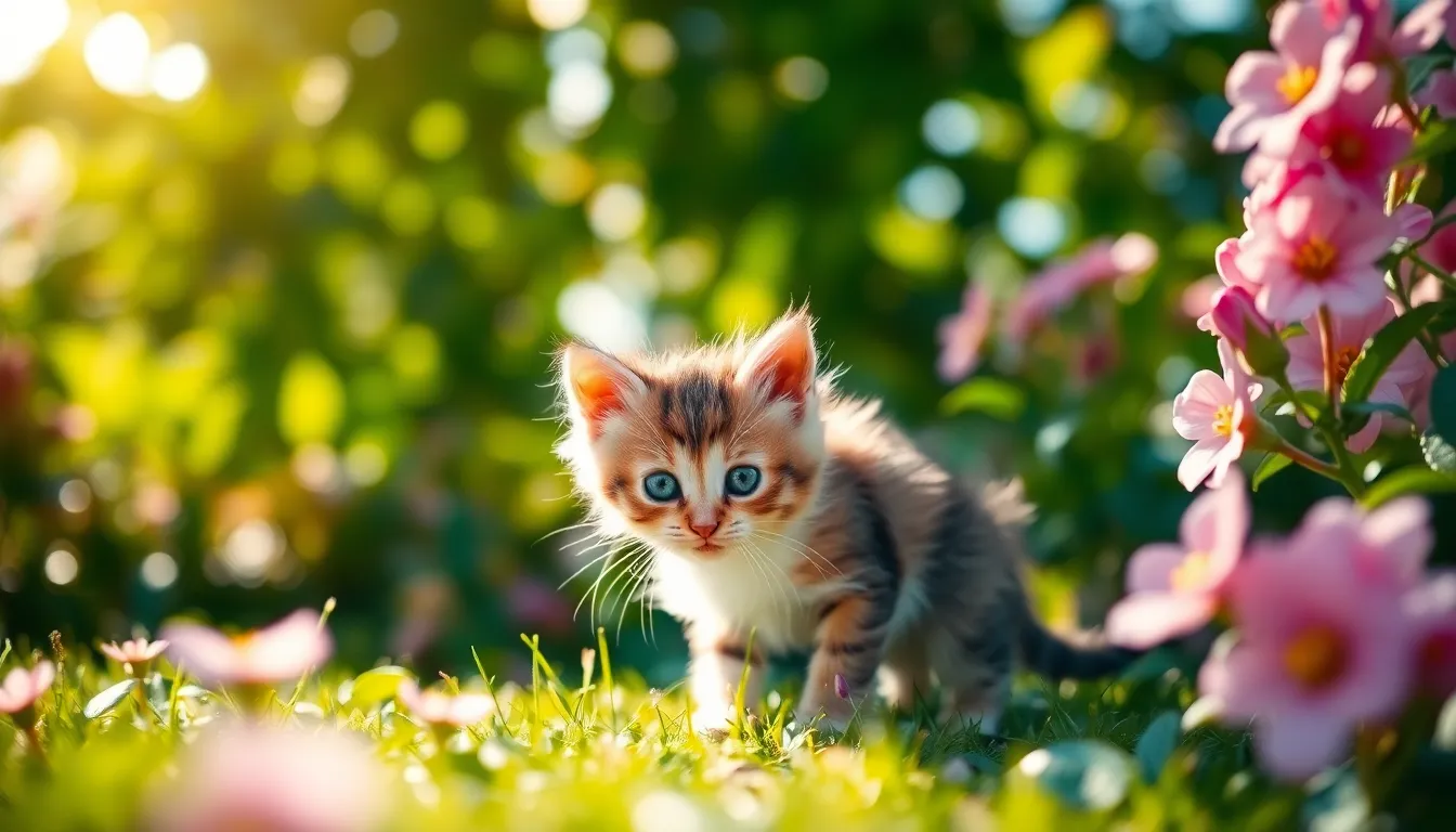 This enchanting photograph depicts a playful kitten discovering a vibrant garden filled with colorful blooms. The kitten is sharply focused against a backdrop of soft, dappled sunlight that creates a whimsical atmosphere enhanced by beautiful bokeh. The image's rich greens and pastel tones evoke a sense of joy, making it a delightful visual for cat lovers and nature enthusiasts alike.
