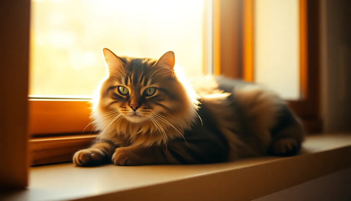 A serene calico cat lounges on a sunlit windowsill, soaking in the golden hour's warm embrace. Its expressive eyes are sharply in focus, capturing the cat's relaxed demeanor and intricate fur patterns. The softly illuminated curtains in the background add depth to the scene, while the warm color palette enhances the overall cozy mood.