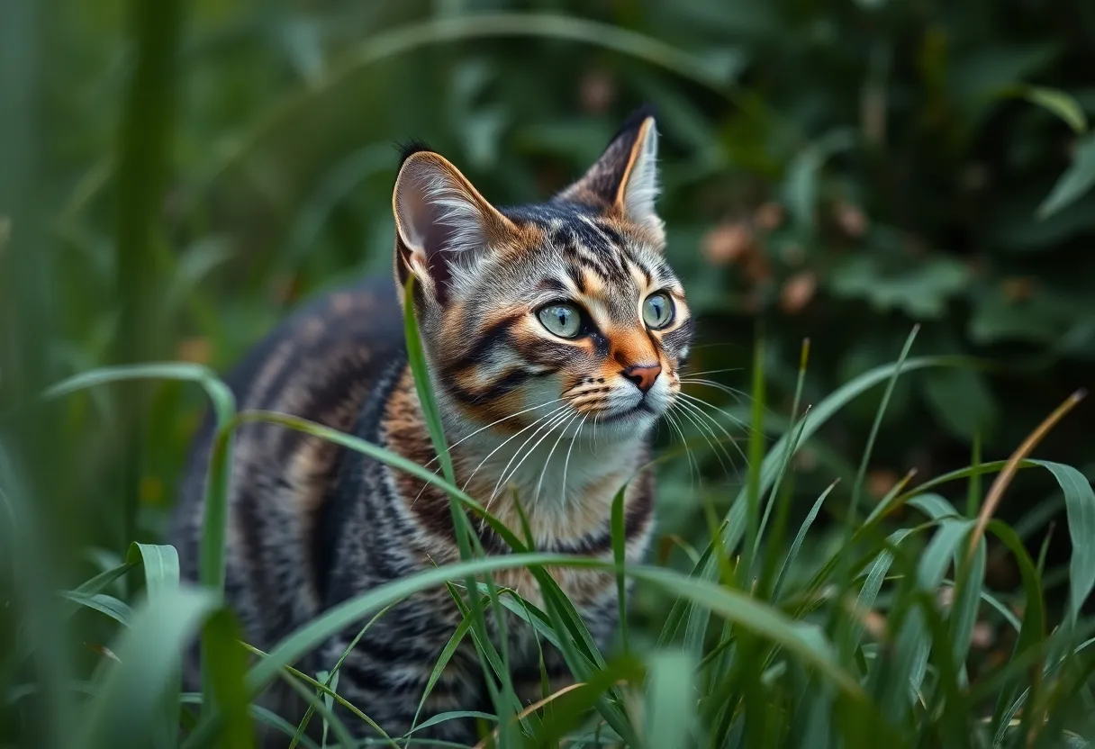 A vigilant cat sits amidst lush grass, alert and ready for action. The overcast light brings out the vibrant greens and browns in the scene, while the sharp focus reveals fine details in the cat's fur and the dew-dropped grass. The composition draws viewers into the cat's world, capturing a tranquil moment in nature.