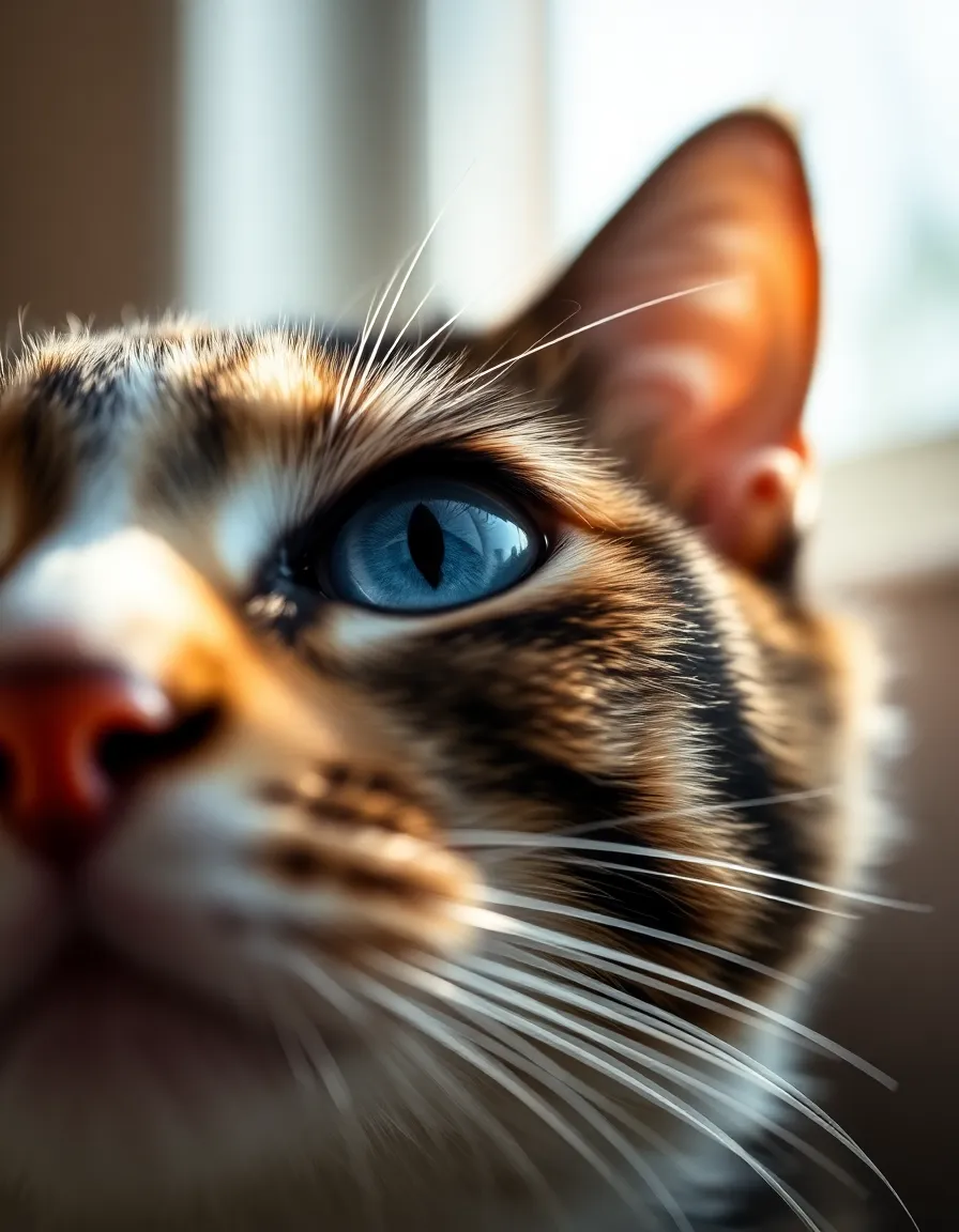 This intimate close-up captures the stunning details of a calico cat's face, emphasizing its unique fur patterns and striking blue eye. Soft, natural daylight filters in from a nearby window, creating a gentle ambiance around the cat. The selective focus on the eye highlights its depth, while the softly blurred background enhances the captivating nature of the portrait. With rich textures and natural tones, this image beautifully illustrates the intricate beauty of domestic cats.