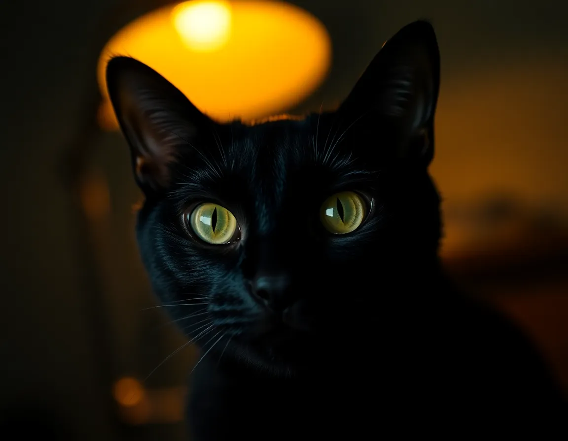 A striking close-up portrait of a black cat, featuring its captivating bright green eyes as the focal point. Dramatic side lighting from a warm desk lamp casts intriguing shadows, enhancing the texture of its glossy fur and adding depth to the scene. The rich black tones juxtaposed against golden highlights create a mysterious atmosphere, while the softly blurred background emphasizes the cat's enchanting gaze. Fine details, like dust particles caught in the light, contribute to the intimate mood of this striking capture.