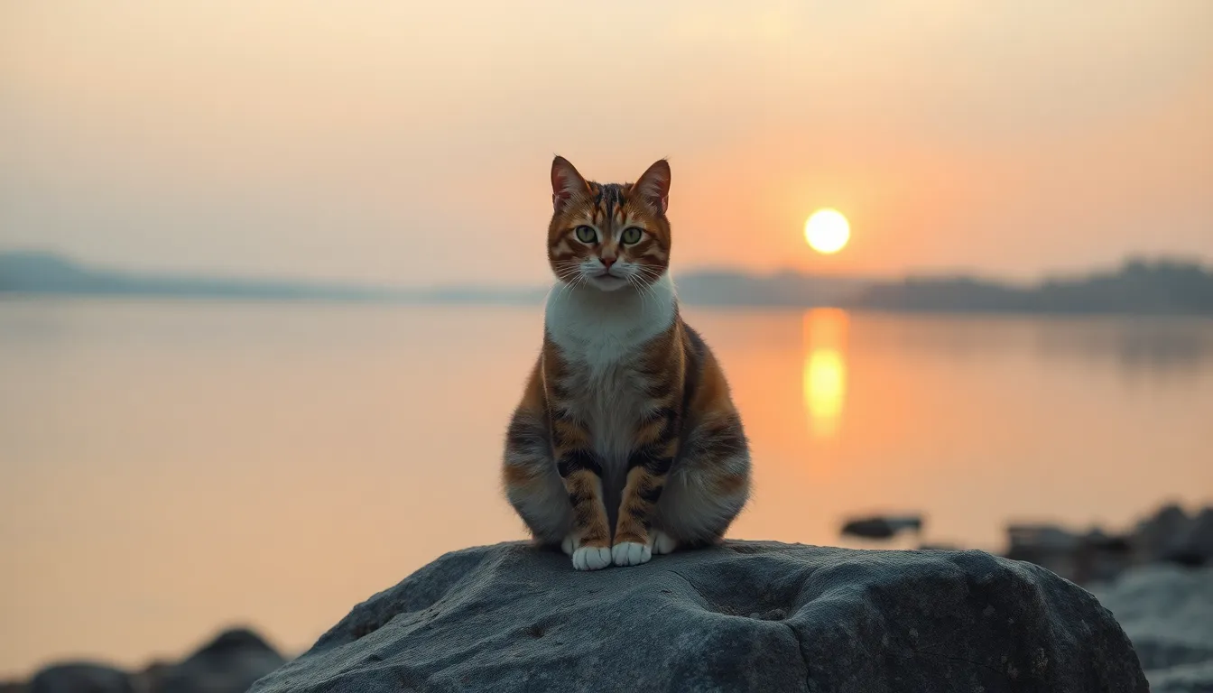 This stunning photograph features a calico cat gracefully perched on a rock during a breathtaking sunset by the lake. The warm, golden hour light enhances the vibrant colors of the cat’s fur, creating a captivating contrast with the tranquil waters. The serene composition emphasizes the majestic presence of the cat, while the surrounding landscape adds to its beauty. A perfect representation of nature's harmony with feline elegance.