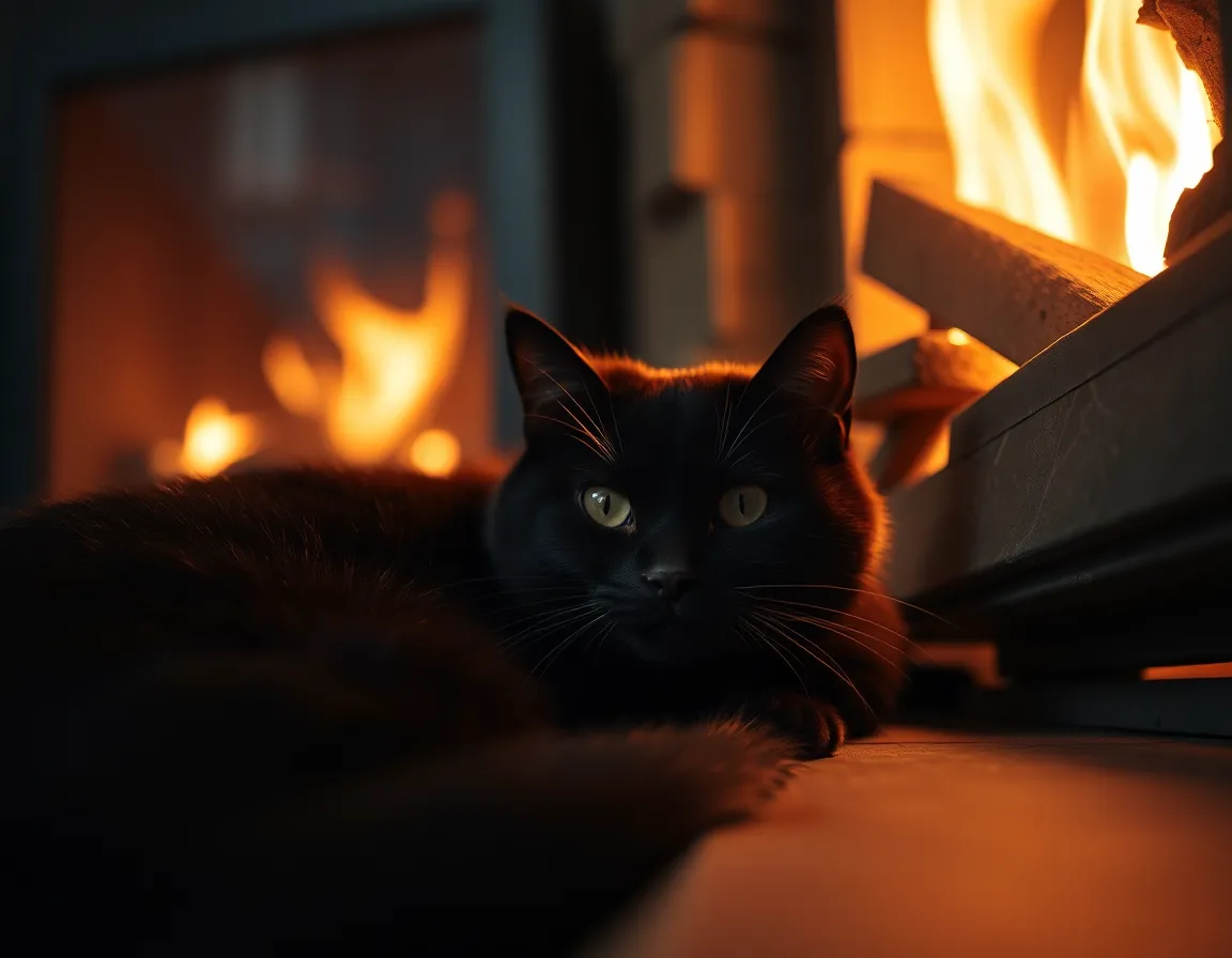 A peaceful black cat curls up next to a cozy fireplace, basking in the warm glow of the firelight. The flickering flames cast dancing shadows, creating a serene and intimate atmosphere. The photograph captures the essence of comfort, with a selective focus emphasizing the cat's delicate whiskers while the background softly blurs into warmth. The rich orange and amber tones contrast beautifully with the deep black of the cat's fur, inviting the viewer into this cozy moment.