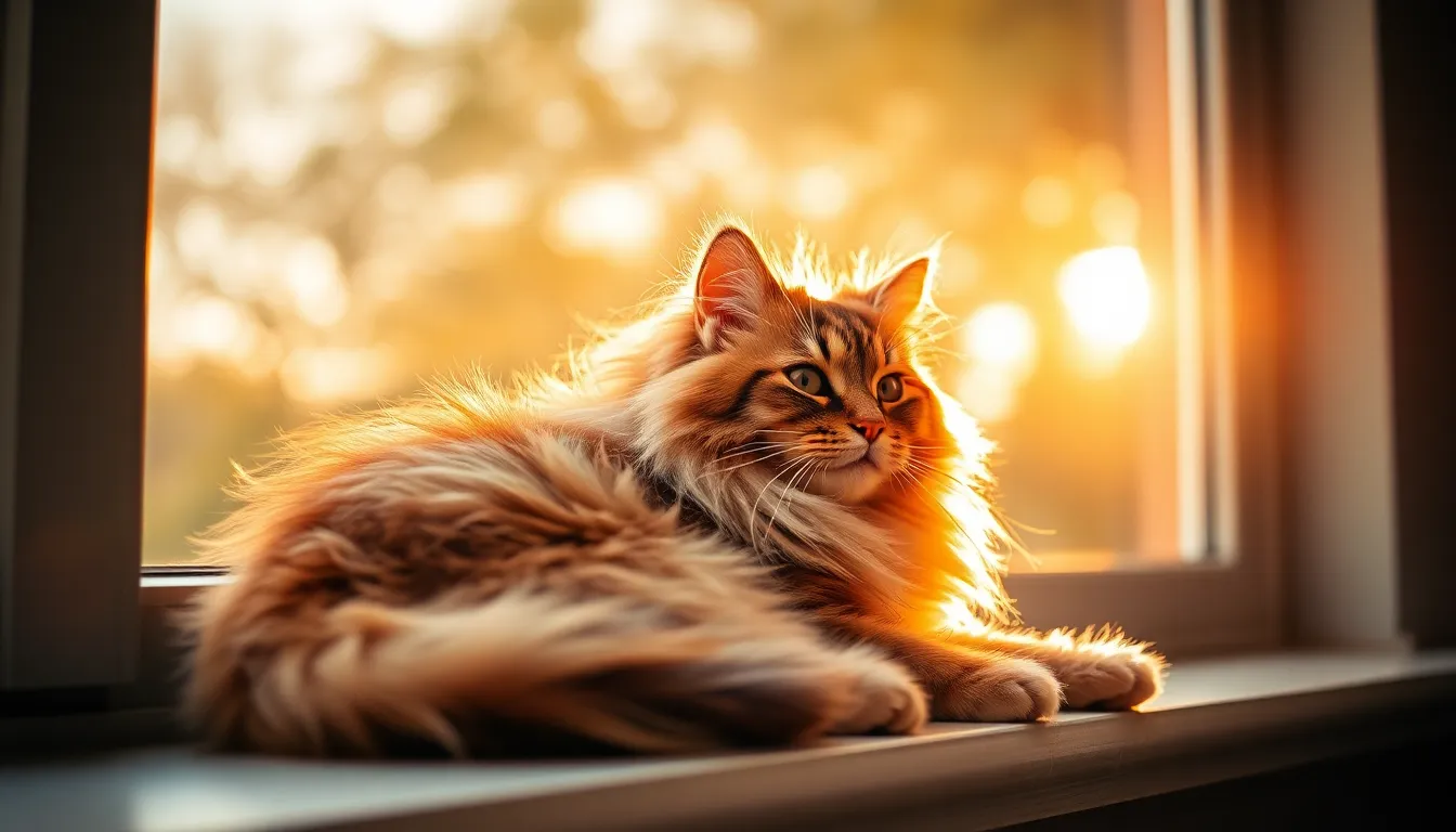 This image captures a serene domestic cat lounging in a sunlit window. The soft morning light highlights the cat's fur, creating a peaceful atmosphere. The muted color palette enhances the tranquility, while the blurred curtains add depth. The composition draws your eye towards the subtle textures and details, making it an inviting scene.