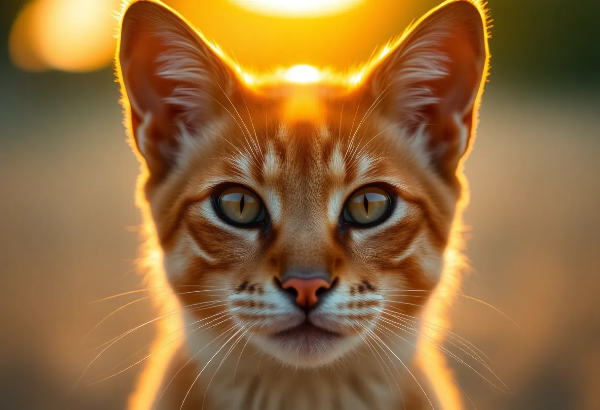 A curious tabby cat perches on a rustic wooden fence, illuminated by the warm hues of golden hour. The sunlight creates a beautiful rim light around its fur, enhancing its natural patterns and textures. The soft background bokeh draws attention to the cat's captivating eyes, which are sharply in focus. Muted earth tones encapsulate the serene outdoor setting, evoking a sense of tranquility and curiosity.