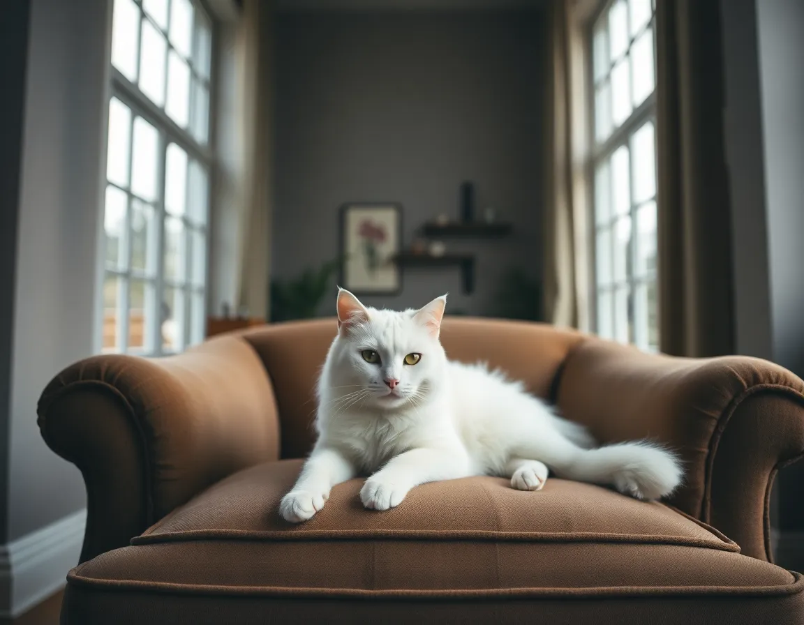An elegant white cat lounges on a plush armchair in a softly lit room with diffused daylight. The overcast conditions provide a serene and calming atmosphere, allowing viewers to appreciate the fine details of the cat's fur and the textures of the armchair. This image evokes a sense of tranquility and comfort, showcasing the refined lifestyle of an indoor pet. The symmetrical composition highlights the feline's relaxed demeanor.