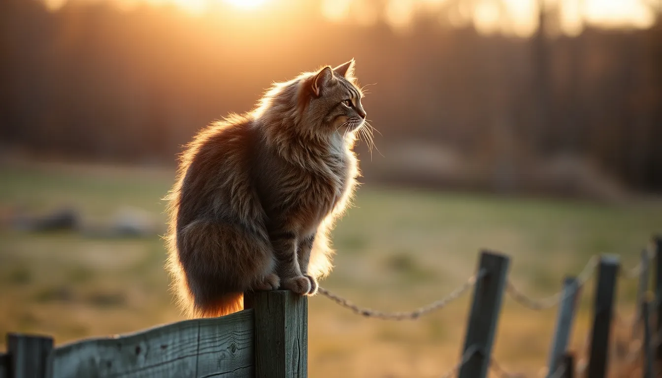 This captivating image depicts a Maine Coon cat elegantly perched on a rustic wooden fence during the magical golden hour. The warm backlighting accentuates its luxurious fur, transforming it into a brilliant silhouette against the soft natural background. The harmonious desaturated earth tones create a tranquil atmosphere, making this a perfect capture for nature and animal enthusiasts.