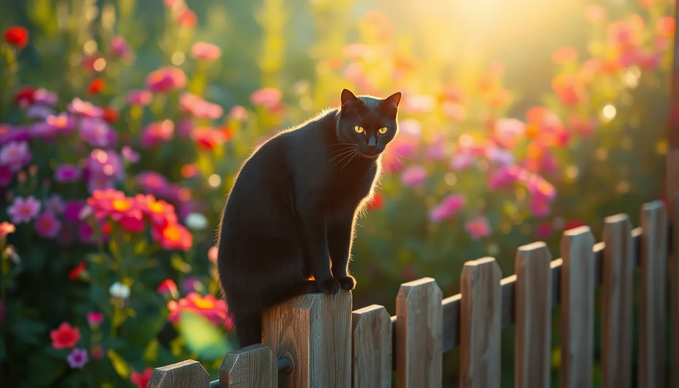 This captivating image features a sleek black cat confidently perched atop a wooden fence, surrounded by a lush garden. The late afternoon sun accentuates the cat's shiny fur, while the vibrant colors of the flowers create a stunning backdrop. The blurred garden gives a soft touch to the scene, while the leading lines of the fence guide the viewer’s gaze toward the regal feline. A perfect representation of the beauty and grace of cats in natural settings.