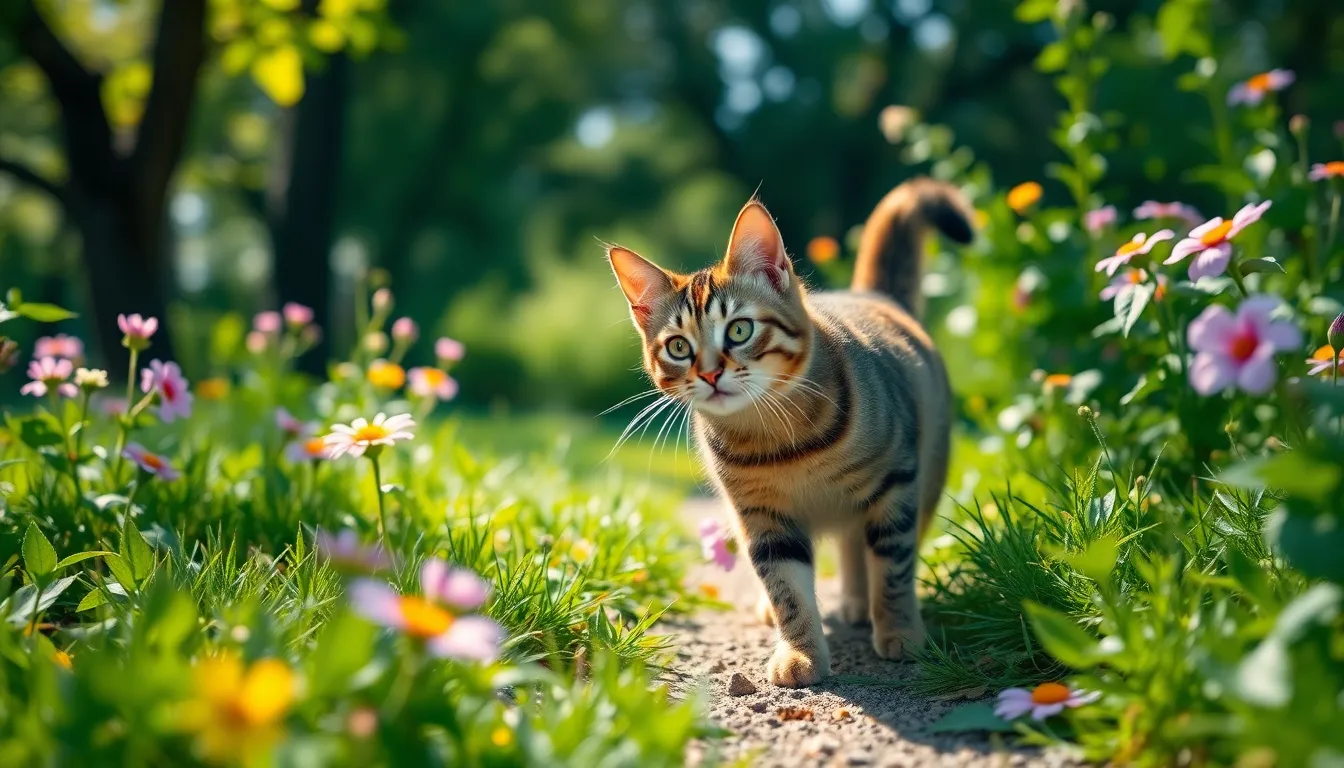 A curious tabby cat roams through a vibrant garden, surrounded by lush greenery and colorful wildflowers. Dappled sunlight filters through the tree canopy, casting gentle highlights across the scene. The photograph captures the essence of adventure, with the cat's playful demeanor complemented by the rich textures of its fur and the delicate petals nearby. The composition cleverly uses leading lines to guide the viewer's eye through the garden and toward the feline explorer.