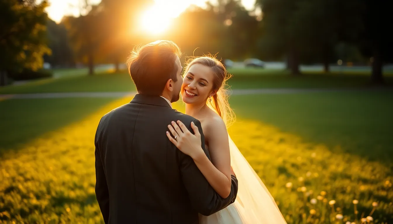 A joyful couple enjoys their anniversary in a lush park during golden hour. The warm sunlight creates a romantic atmosphere, illuminating their smiles and the delicate flowers at their feet. With a soft bokeh background, the focus is on their intimate moment, while the vibrant greens and warm tones evoke a feeling of happiness and connection.