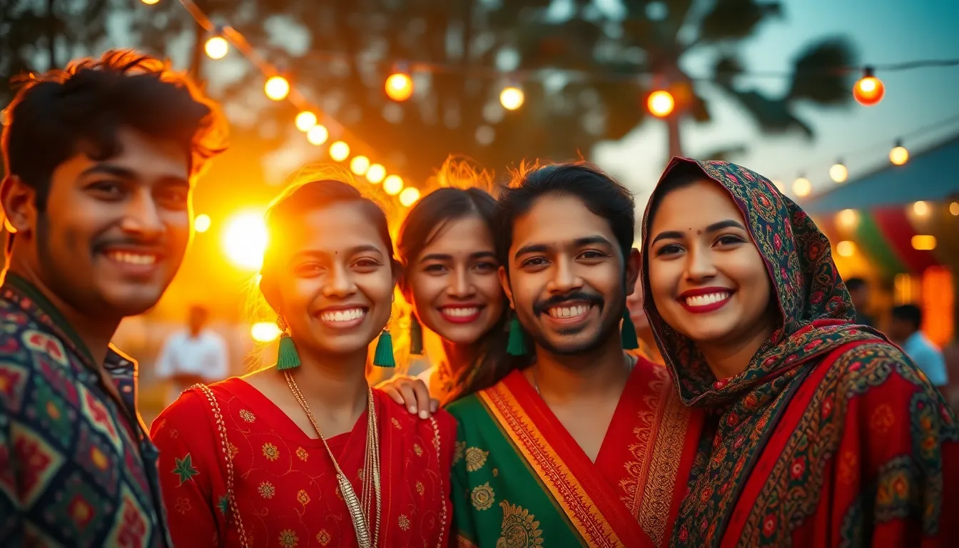 In a lively outdoor festival, a group of friends smiles and enjoys the festive ambiance. Bathed in warm sunset light, their colorful traditional attire creates a stunning visual contrast against the blurred backdrop of festive decorations. The scene is filled with joy and camaraderie, making it a perfect representation of celebration. The use of leading lines and a shallow depth of field adds a dynamic touch to the joyful gathering.
