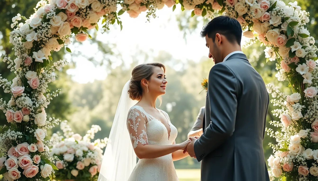 Romantic Wedding Ceremony Under Floral Arch