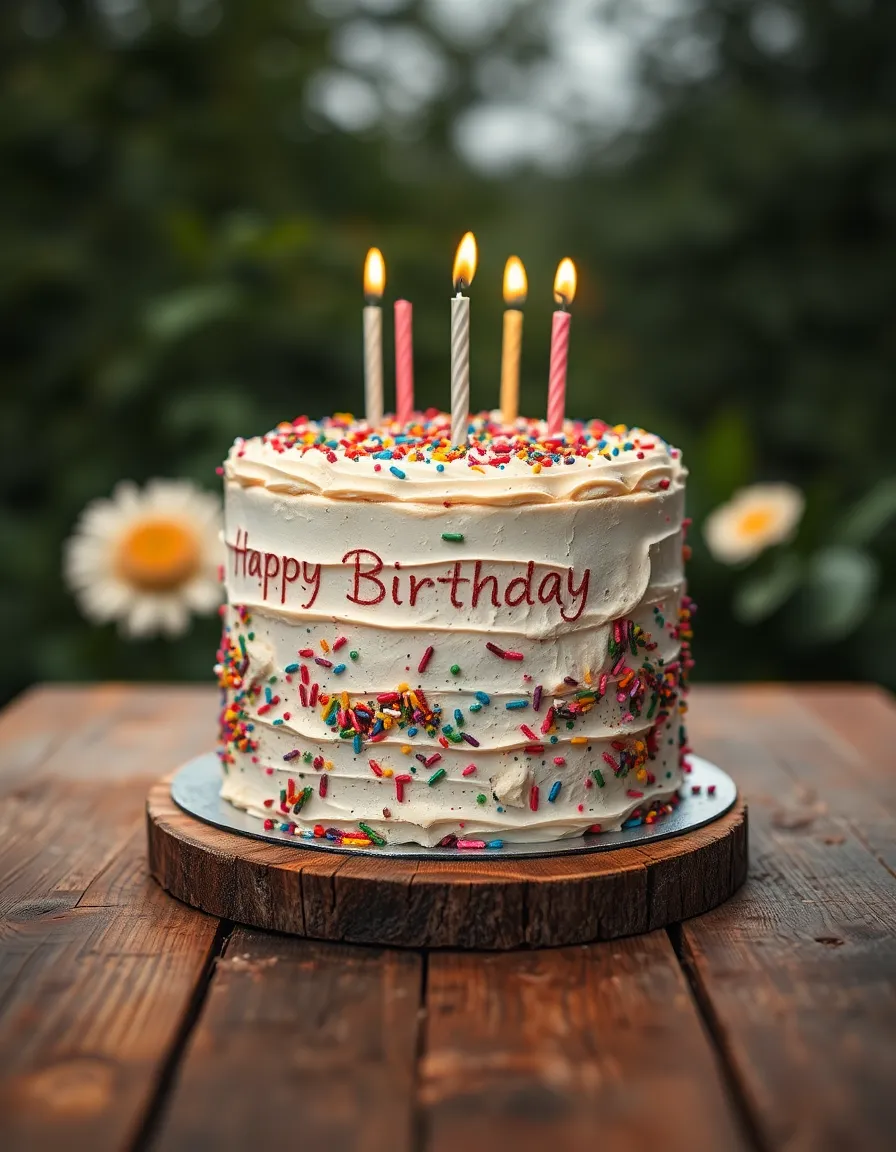 Beautifully Decorated Birthday Cake on Rustic Table
