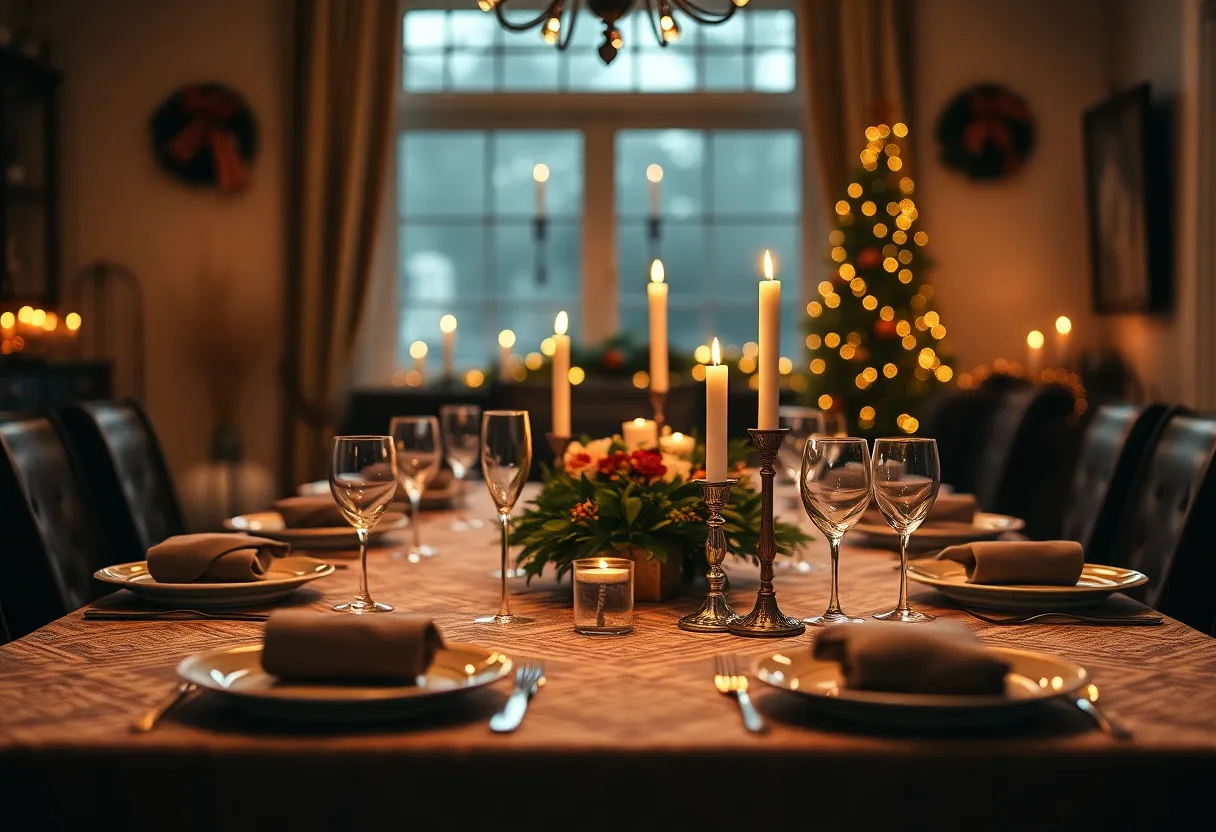 The warmth of candlelight envelops a beautifully set dinner table for New Year’s Eve, inviting guests into a cozy moment of celebration. Rich textures of the tablecloth and dinnerware are highlighted, while the soft glow of candles creates an intimate atmosphere. This image embodies the spirit of gathering and celebration, filled with warmth and connection.