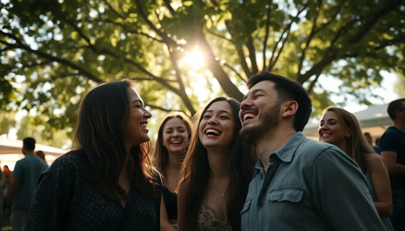 A dynamic scene captures a group of friends enjoying a vibrant outdoor festival, their joyful expressions illuminated by dappled sunlight filtering through the trees. The atmosphere is filled with laughter and excitement, enhanced by the beautiful bokeh highlights in the background. The slightly tilted angle adds a sense of movement, making it a lively representation of celebration and camaraderie.