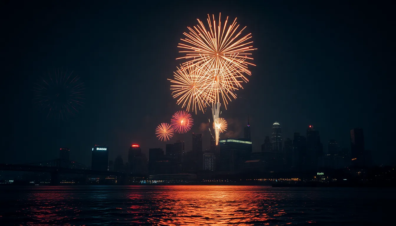 Experience the exhilarating atmosphere of a New Year’s Eve celebration as spectacular fireworks light up the night sky over a bustling city skyline. This image captures the vibrant colors of the fireworks, creating an electrifying contrast against the dark silhouette of the buildings. Reflections on the water below add to the dynamic texture of the scene, while the composition draws the eye upwards into the spectacle. The excitement and wonder are palpable, making this image a perfect representation of holiday celebrations.