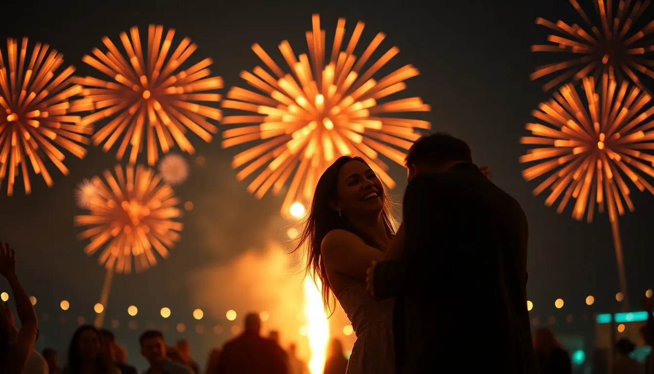 Couple Dancing Under Fireworks