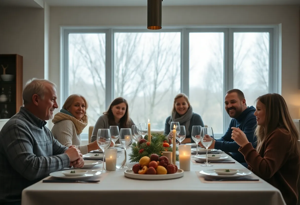 A family comes together in a warmly decorated dining room, sharing laughter and smiles over a traditional holiday meal. The soft, diffused light filters through the windows, casting gentle shadows and creating an inviting atmosphere. The earthy color palette enhances the warmth of the scene, making it a heartwarming representation of togetherness during the holidays.