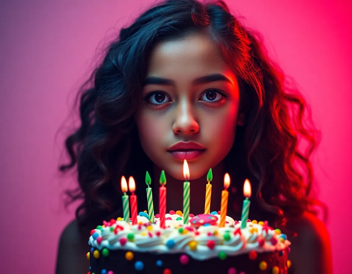 A beautifully crafted birthday cake stands at the center of a well-decorated table, adorned with bright candles waiting to be lit. The vibrant colors of the frosting contrast beautifully against the subtle background, creating a festive atmosphere. The focus highlights the intricate details of the cake, celebrating the joy and sweetness of birthday festivities.