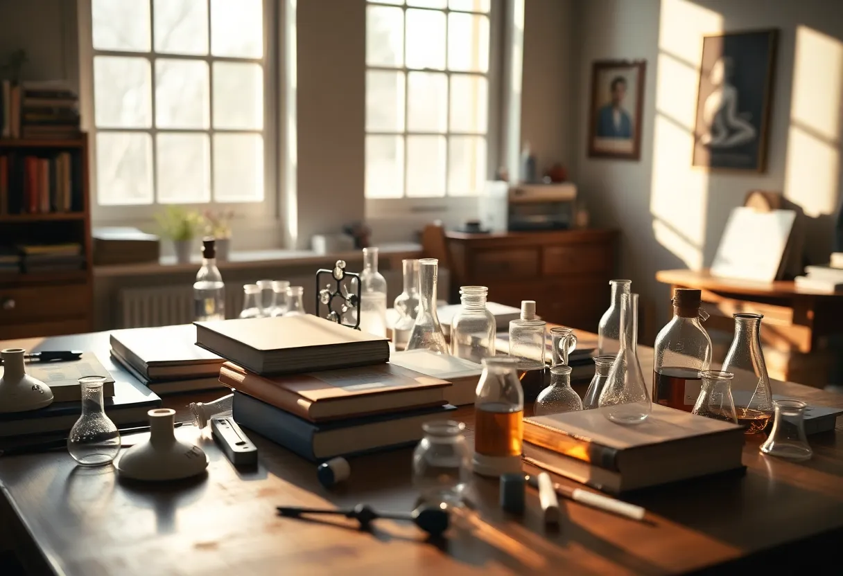 Chemistry Study Table With Textbooks and Models