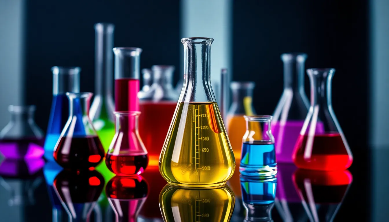 Colorful Laboratory Chemistry Setup This vibrant laboratory scene features an array of glassware filled with colorful liquids, creating an inviting atmosphere. The dark polished surface reflects the vivid reds, blues, and yellows, enhancing the overall visual impact. Dramatic side lighting adds depth and dimension, making the glassware appear even more striking. The composition draws the eye toward the central flask, perfectly balancing the surrounding beakers for a harmonious look.