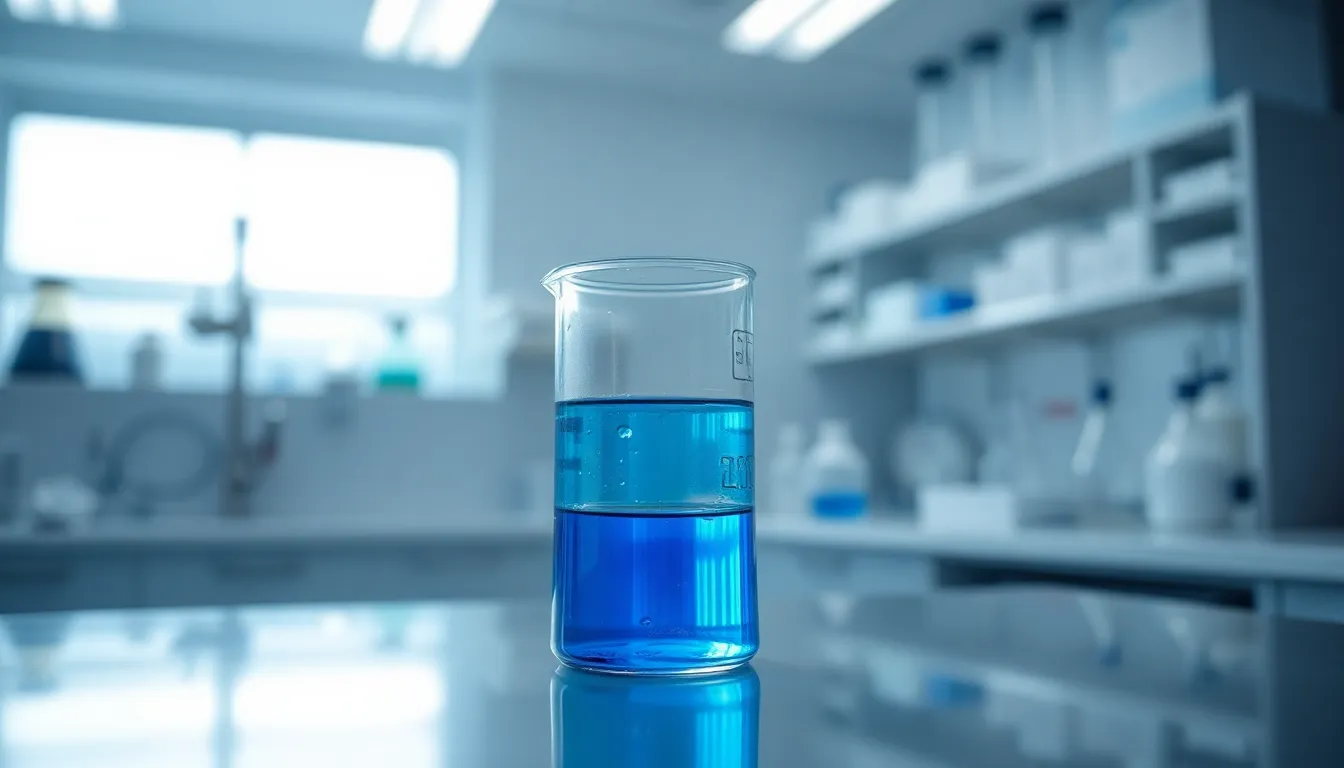 Laboratory Scene with Vibrant Blue Liquid This striking laboratory image features a glass beaker filled with bright blue liquid, surrounded by various scientific tools. The overhead LED lights illuminate the scene, creating a clean, sterile environment ideal for chemistry research. The selective focus brings attention to the beaker, while the blurred background offers context of a busy lab. The blue and white color palette enhances the scientific mood, making it perfect for educational or commercial use.