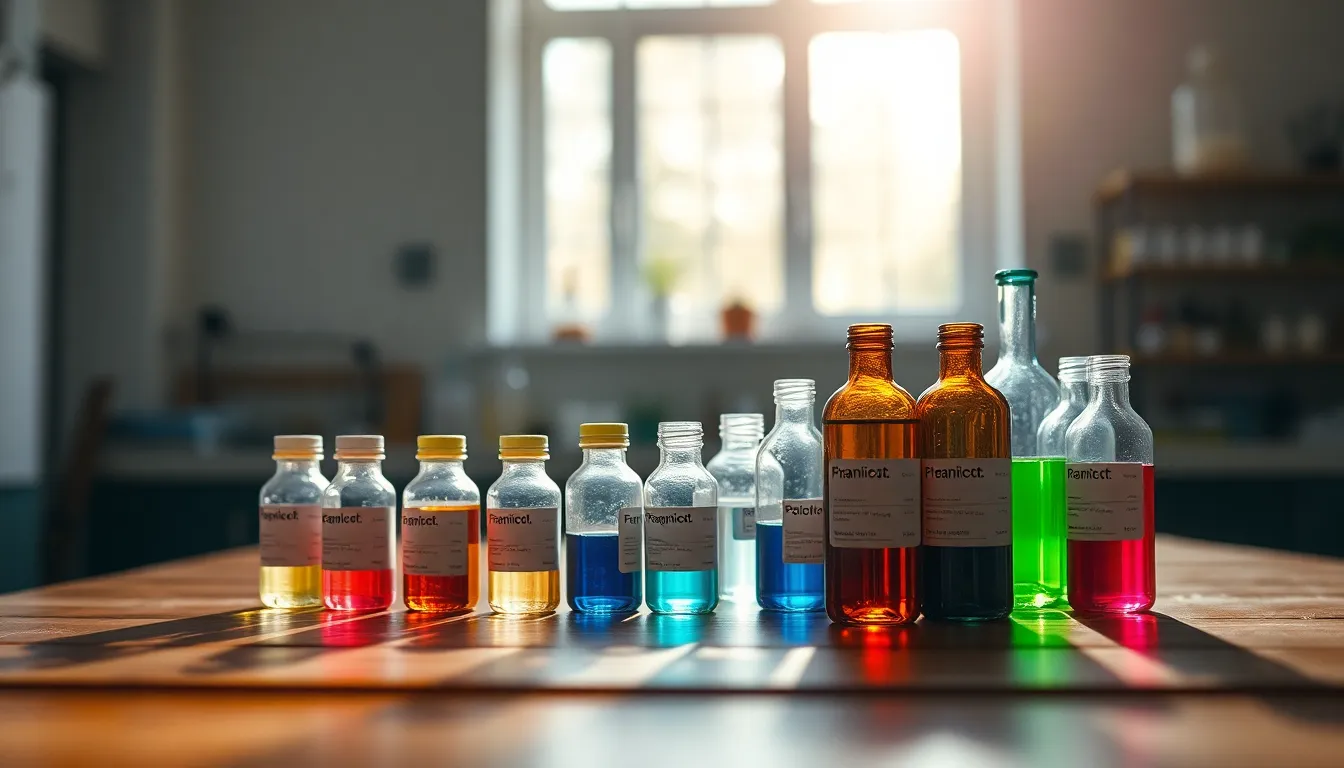 This image beautifully captures a laboratory setting featuring an array of colorful chemical reagents in glass vials. Soft natural light spills in through a large window, enhancing the vivid hues of each vial against the warm tones of a polished wooden table. The shallow depth of field creates an inviting atmosphere, drawing focus to the labels and textures of the glass. This scene embodies the essence of scientific inquiry and creativity.