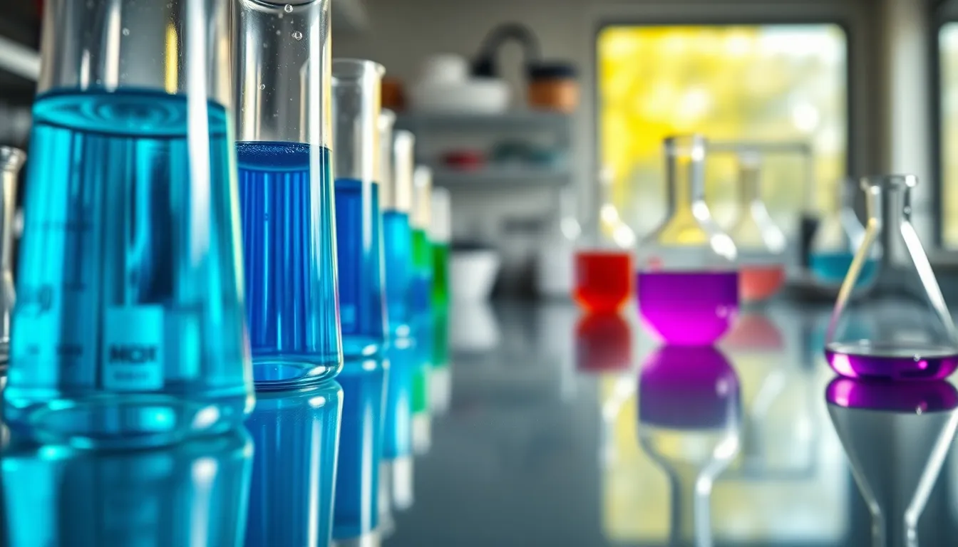 This image captures the excitement of scientific experimentation, showcasing colorful chemical reactions in glass beakers set against a bright, sterile laboratory backdrop. The vibrant blues and greens of the liquids create a striking contrast, emphasizing the dynamic nature of chemistry. The composition is thoughtfully arranged, drawing the viewer's eye to the beakers while highlighting the polished surfaces of the lab equipment. This visually engaging scene evokes a sense of discovery and innovation.