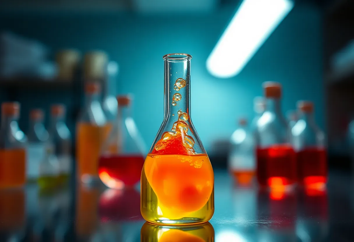 In a close-up shot, a mesmerizing chemical reaction occurs inside a flask, showcasing an explosion of vivid colors as two liquids mix. Dramatic Rembrandt lighting accentuates the bubbles forming along the sides of the glass, creating an enchanting visual. The background is softly blurred, allowing the vibrant reds and yellows to stand out brilliantly. This image captures the excitement and unpredictability of scientific experimentation, making it perfect for educational content and laboratory themes.