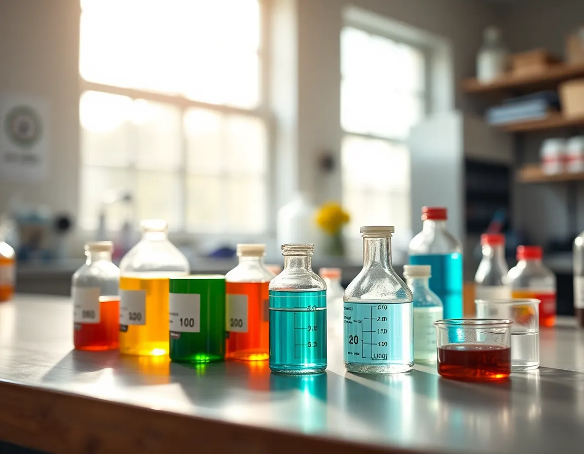 A macro view of vibrant chemical compounds arranged on a lab table, beautifully illuminated by soft natural light. The shallow depth of field highlights the intricate textures and colors of the compounds, creating a visually appealing and informative image. The scene conveys the complexity and beauty of chemistry, inviting curiosity from the viewer.