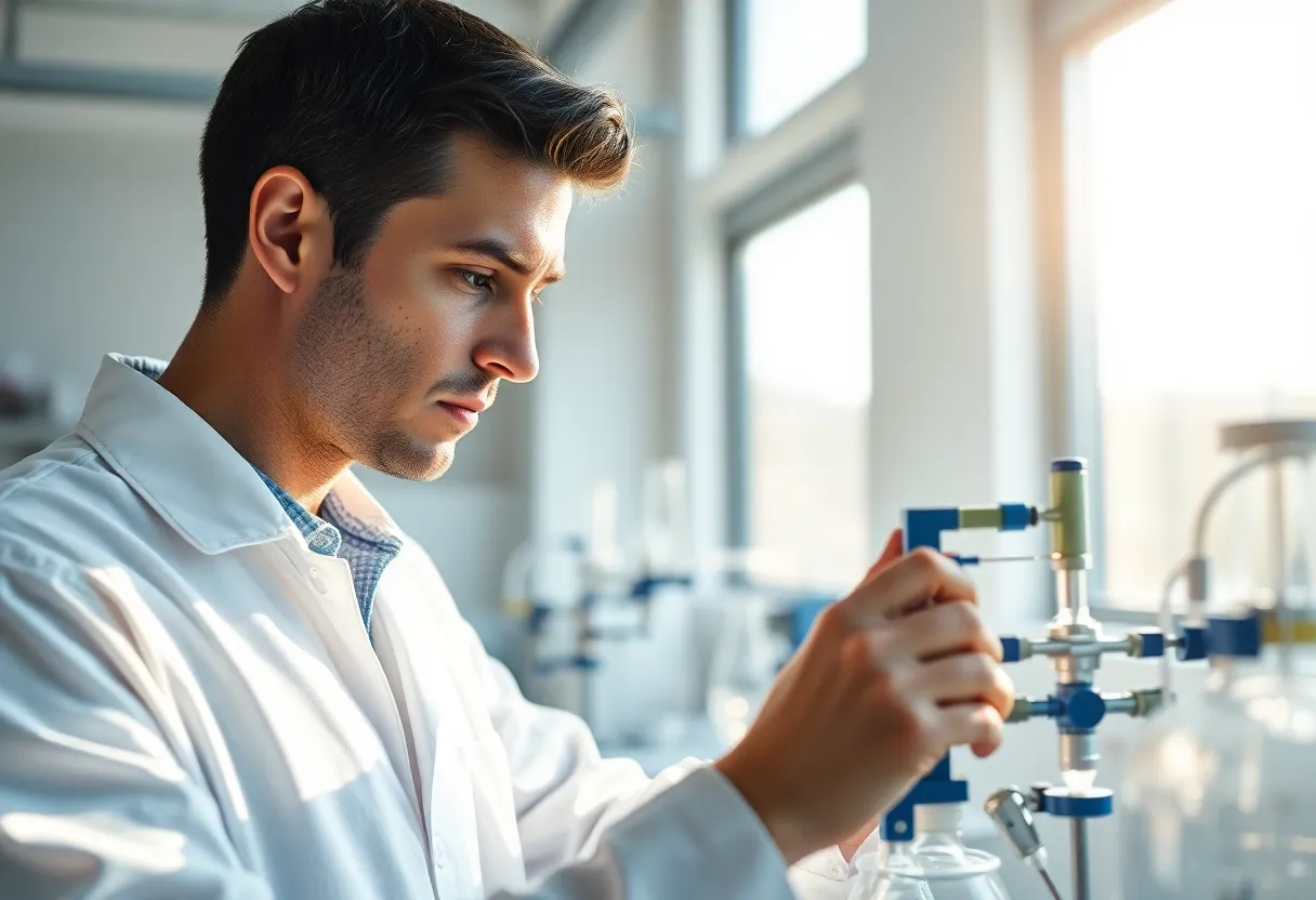 This photorealistic image features a scientist diligently adjusting laboratory equipment, bathed in natural light from large windows. The soft shadows and highlights create an inviting atmosphere, showcasing the detail of the scene. A selective focus technique emphasizes the scientist's focused expression and textured lab coat, while the background equipment elegantly fades into soft blur. The composition, framed by the rule of thirds, conveys both the complexity of the laboratory and the dedication of the professional at work.