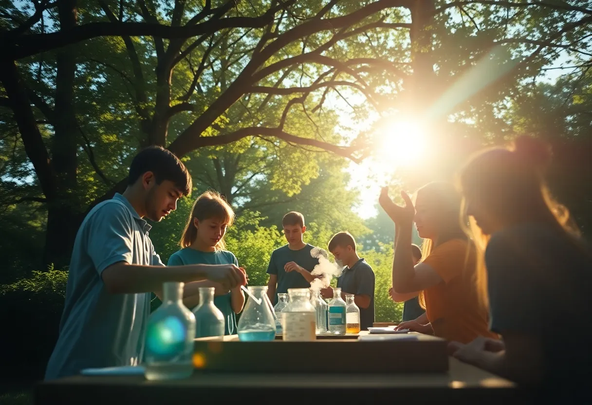 An outdoor chemistry class unfolds under the gentle dappled sunlight filtering through a tree canopy, creating a vibrant and serene atmosphere. Students interact with various natural materials, their enthusiasm palpable against a backdrop of lush greenery. The image features a shallow depth of field, drawing focus to their expressions, while a cinematic teal and orange color grading enhances the engaging mood. The rule of thirds composition places students naturally throughout the scene, inviting viewers into the moment.