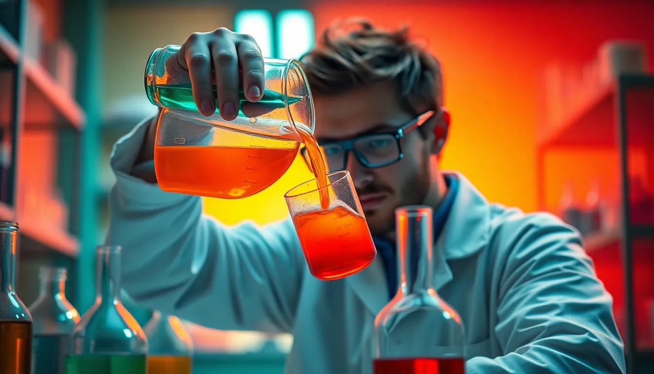 A lively scientist is captured in mid-action, pouring vibrant liquids from one flask to another in a modern laboratory. The scene is dynamically illuminated with soft lighting, enhancing the brilliant colors of the chemicals. The bokeh background brings the focus to the intense expression of concentration on the scientist's face. This image encapsulates the thrill of discovery and creativity in chemistry, inviting viewers into the world of scientific exploration.