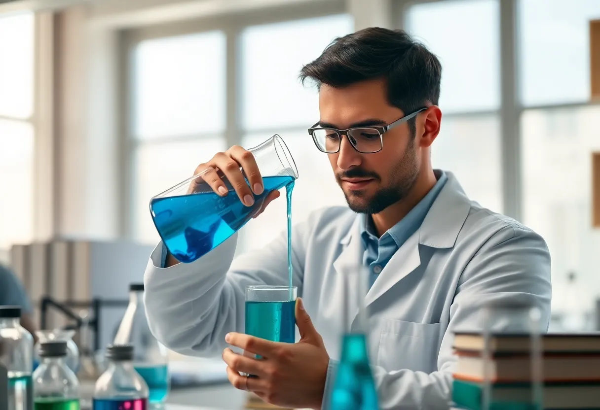 The image captures a chemist as they mix vibrant colored liquids in test tubes, with golden hour sunlight creating a beautiful backlight that highlights the dynamic chemical reactions. The saturated colors evoke a sense of excitement and wonder in scientific discovery. The composition cleverly employs leading lines drawing attention from the foreground test tubes to the focused expression of the chemist, providing a sense of depth and engagement.