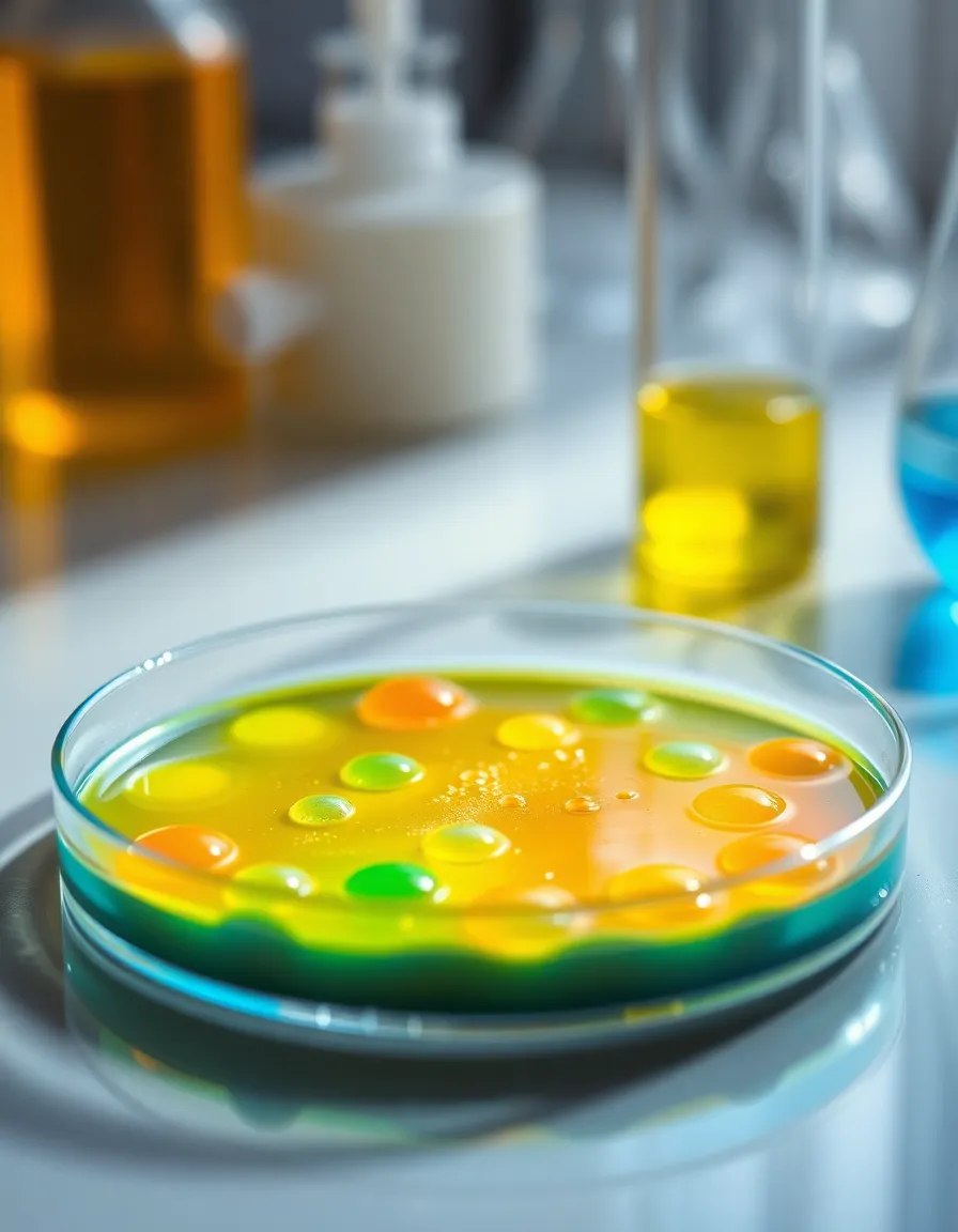 Dynamic Chemical Reactions in Petri Dish A captivating close-up of a petri dish filled with colorful chemical reactions captures the viewer's attention. Natural daylight illuminates the scene, enhancing the vibrant colors as they swirl and blend together. The hyperfocal depth of field ensures that every detail is sharp and clear, inviting the viewer to explore the intricacies of the reactions. This vivid image serves as a remarkable representation of scientific exploration.