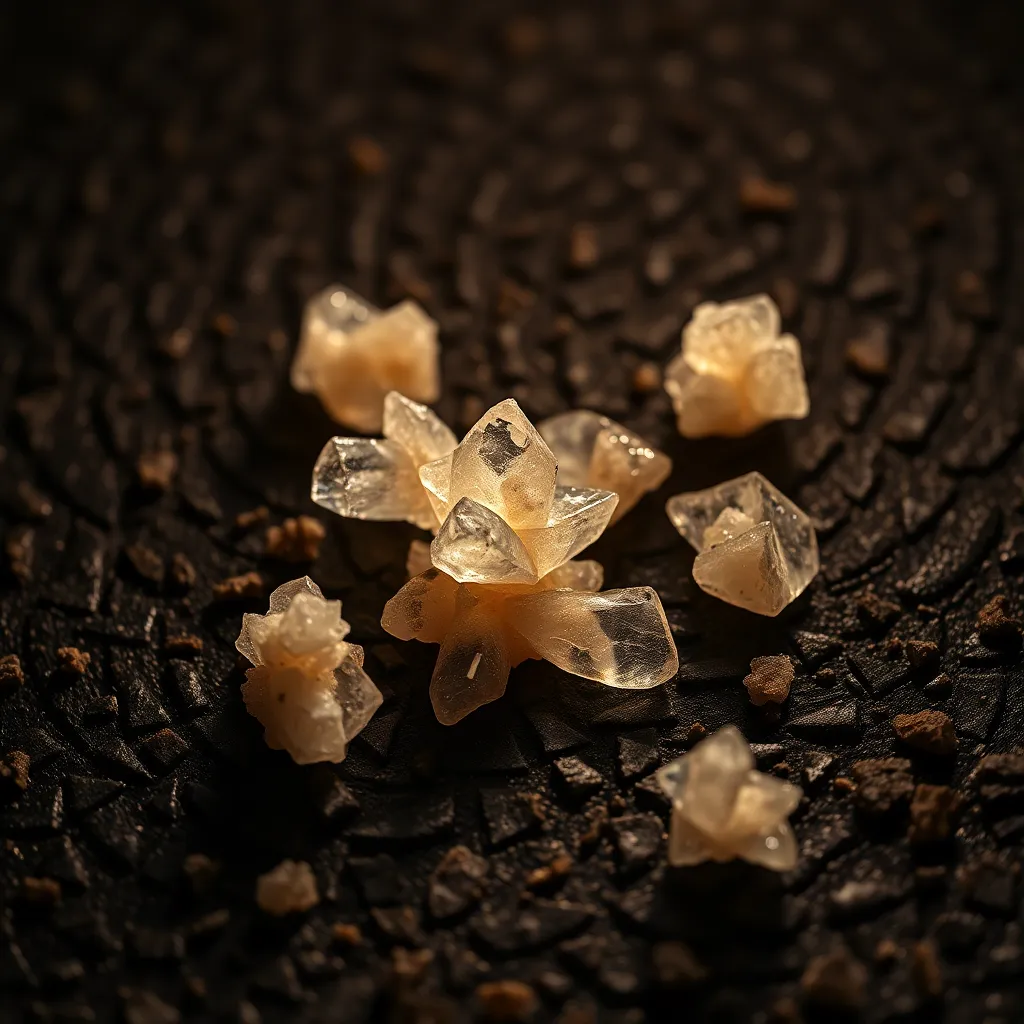 This stunning macro image reveals the intricate details of chemical crystals against a textured dark background. The focused LED ring light enhances the highlights and shadows, accentuating the unique structures and facets of the crystals. With a shallow depth of field, the composition draws the viewer's eye to the exquisite details, showcasing the natural beauty of scientific phenomena. The muted colors contribute to a tranquil and sophisticated atmosphere, making this image a captivating exploration into the world of chemistry.